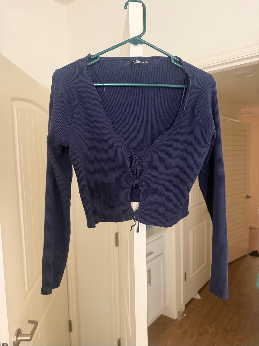 Navy Ribbed Tie-Front Long Sleeve Top